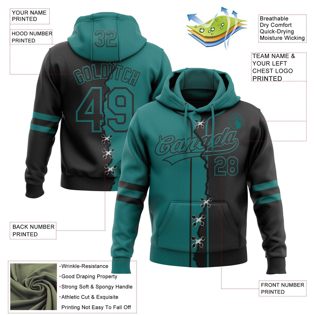 Custom Black Teal Split Ripped Pattern Baseball Pullover Sweatshirt Hoodie