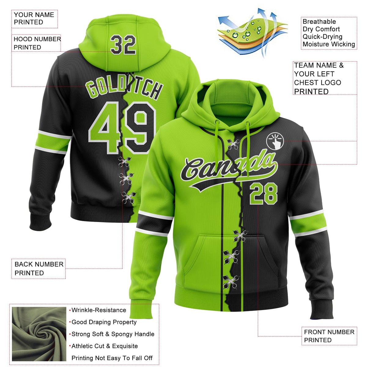 Custom Black Neon Green-White Split Ripped Pattern Baseball Pullover Sweatshirt Hoodie