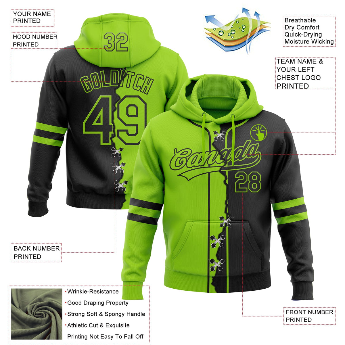 Custom Black Neon Green Split Ripped Pattern Baseball Pullover Sweatshirt Hoodie