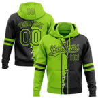 Custom Black Neon Green Split Ripped Pattern Baseball Pullover Sweatshirt Hoodie