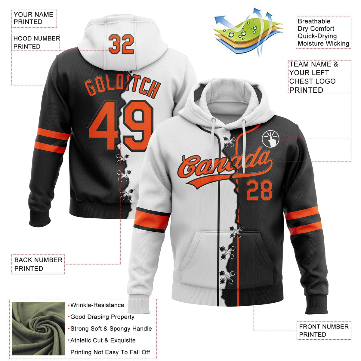 Custom Black Orange-White Split Ripped Pattern Baseball Pullover Sweatshirt Hoodie