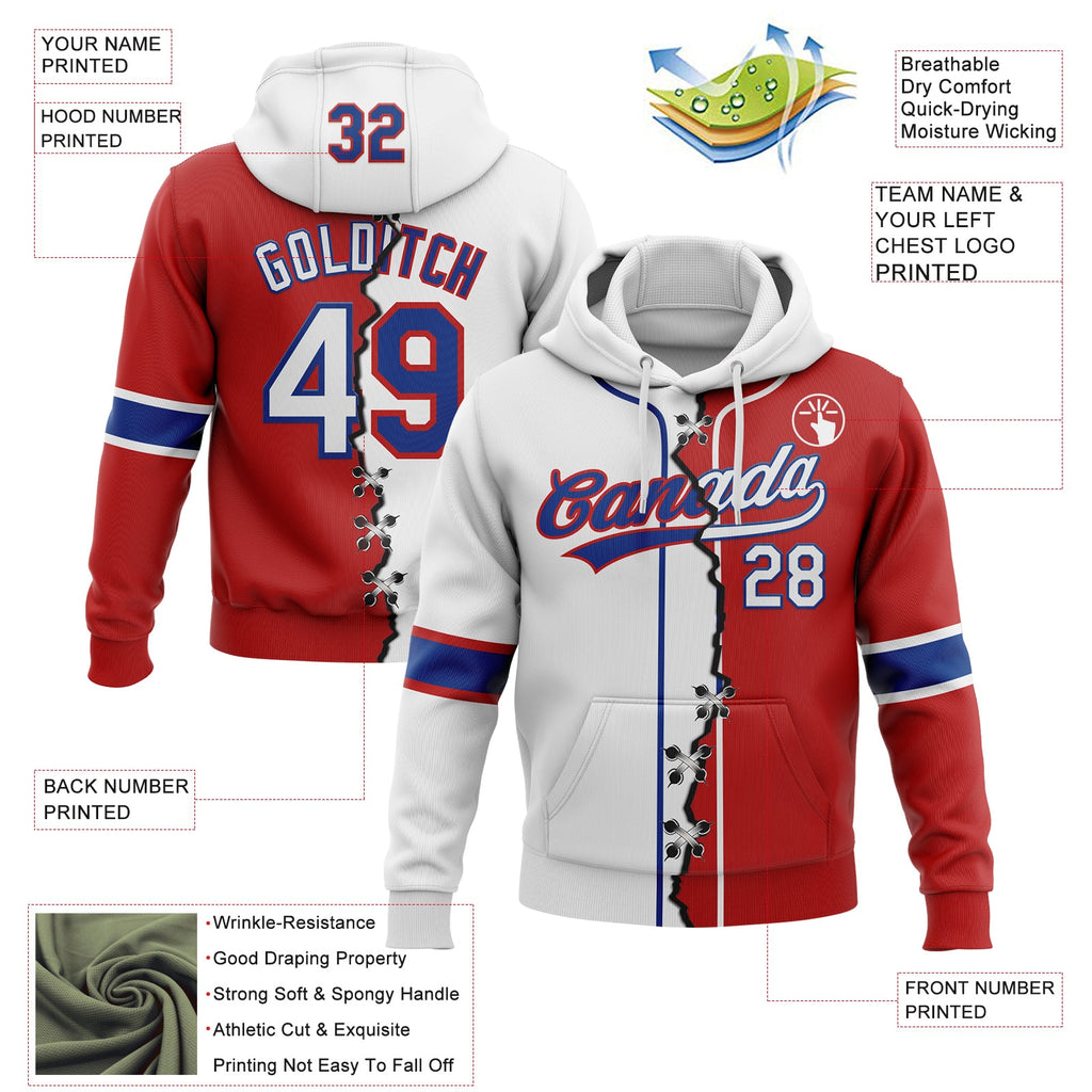 Custom Red White-Royal Split Ripped Pattern Baseball Pullover Sweatshirt Hoodie