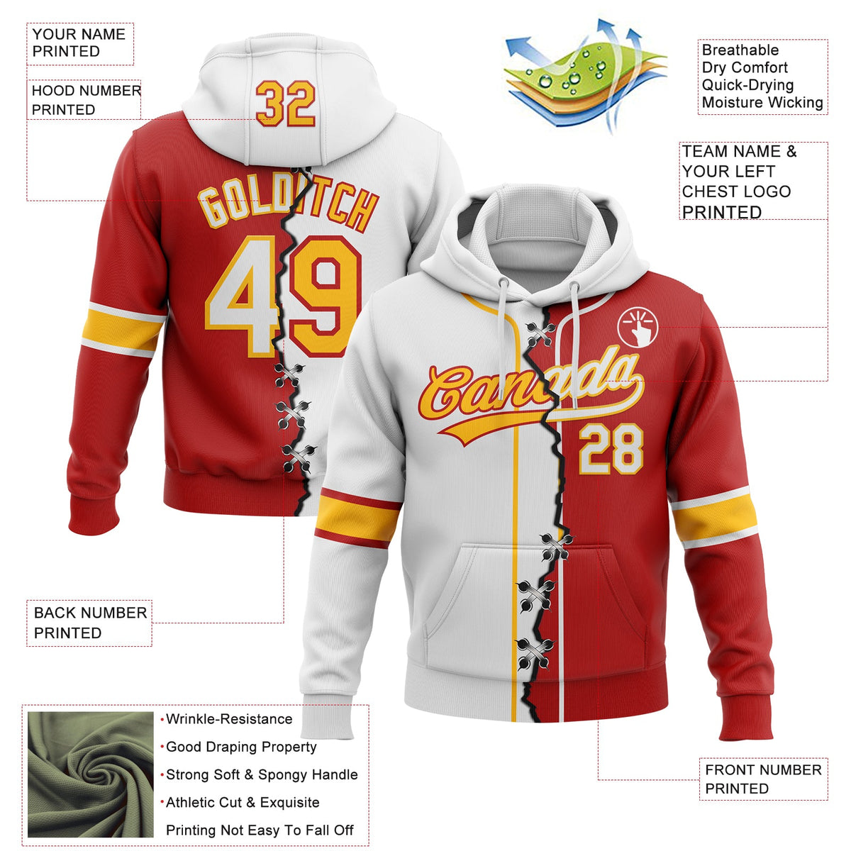 Custom Red White-Gold Split Ripped Pattern Baseball Pullover Sweatshirt Hoodie