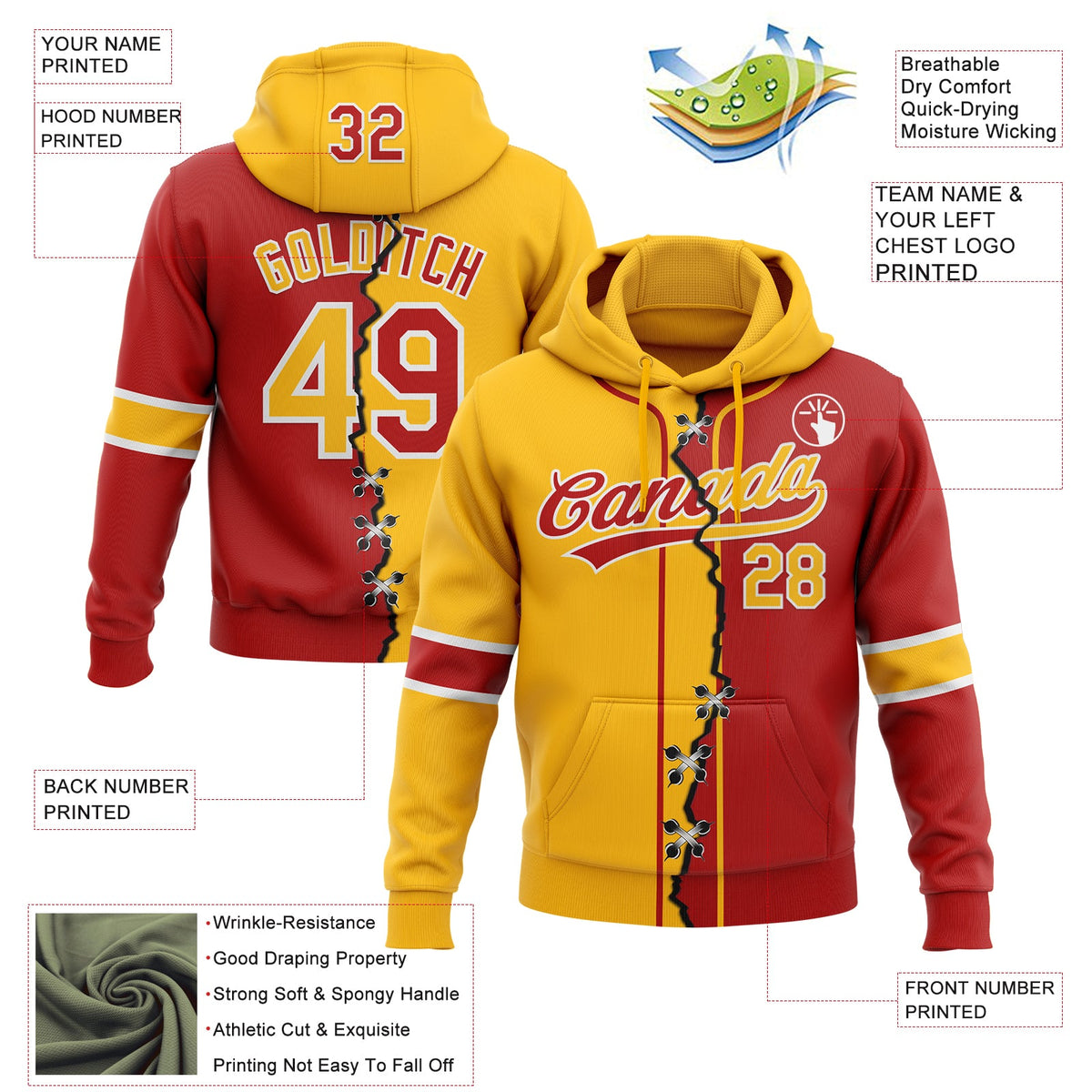 Custom Red Gold-White Split Ripped Pattern Baseball Pullover Sweatshirt Hoodie