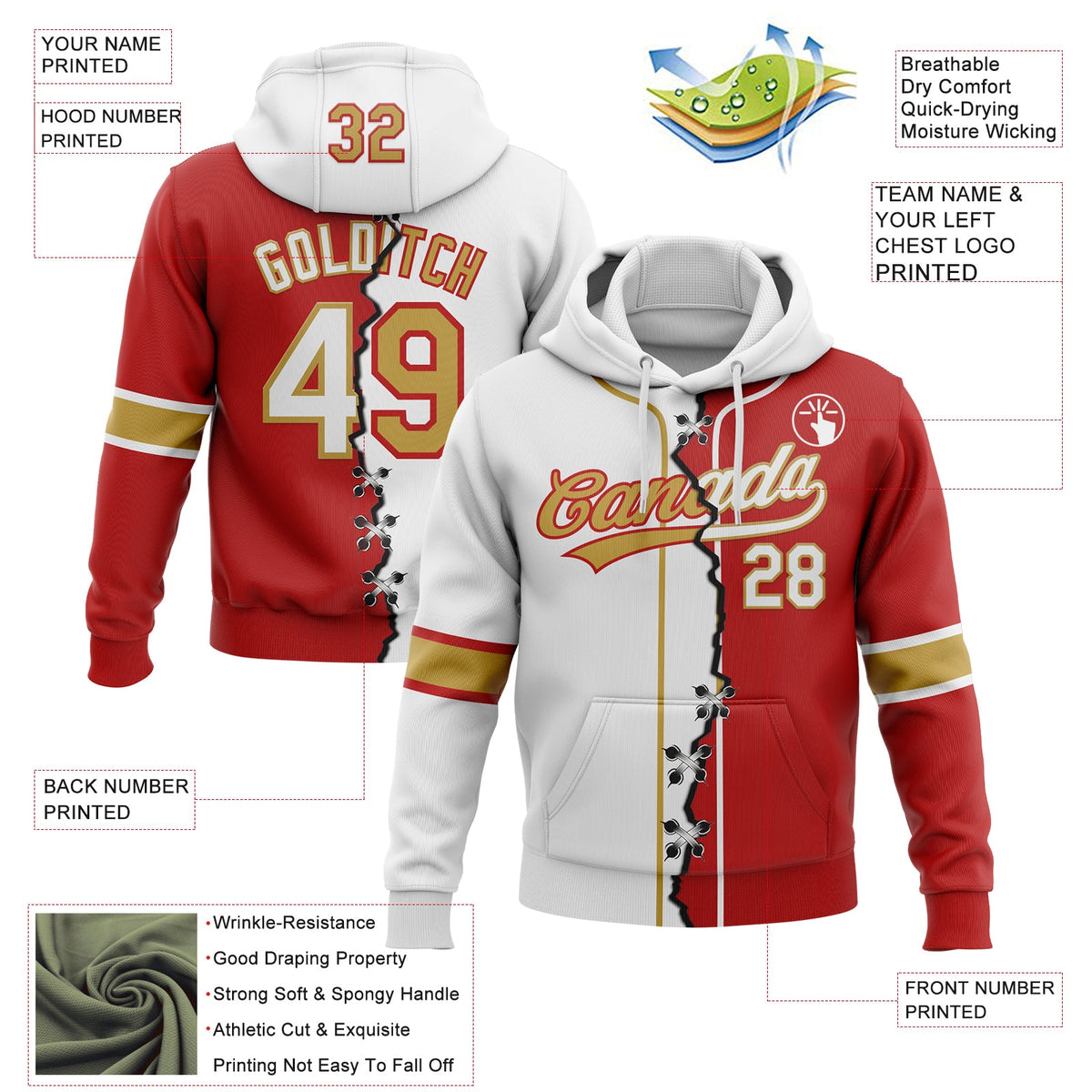 Custom Red White-Old Gold Split Ripped Pattern Baseball Pullover Sweatshirt Hoodie