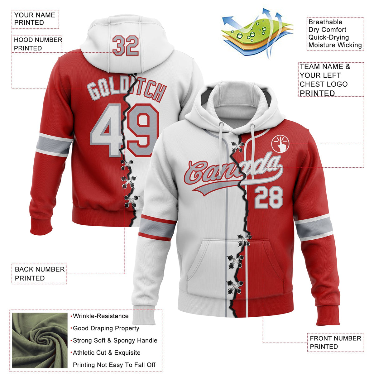 Custom Red White-Gray Split Ripped Pattern Baseball Pullover Sweatshirt Hoodie