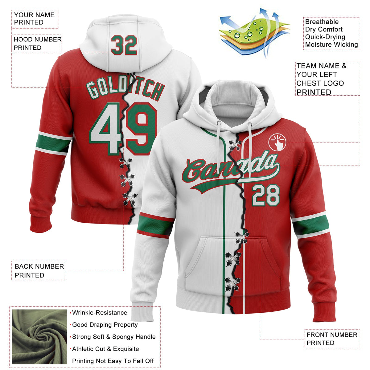 Custom Red White-Kelly Green Split Ripped Pattern Baseball Pullover Sweatshirt Hoodie