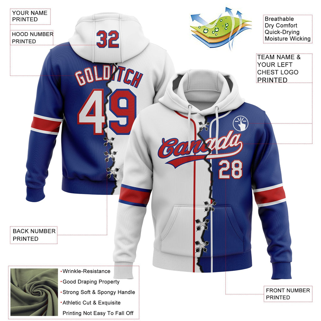 Custom Royal White-Red Split Ripped Pattern Baseball Pullover Sweatshirt Hoodie