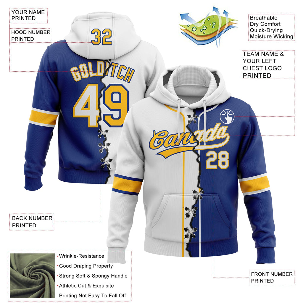 Custom Royal White-Gold Split Ripped Pattern Baseball Pullover Sweatshirt Hoodie