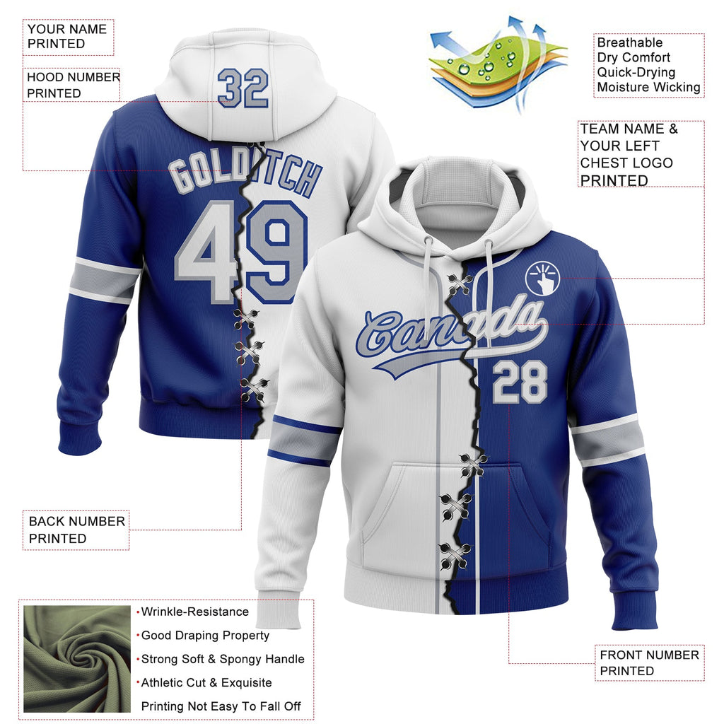 Custom Royal White-Gray Split Ripped Pattern Baseball Pullover Sweatshirt Hoodie