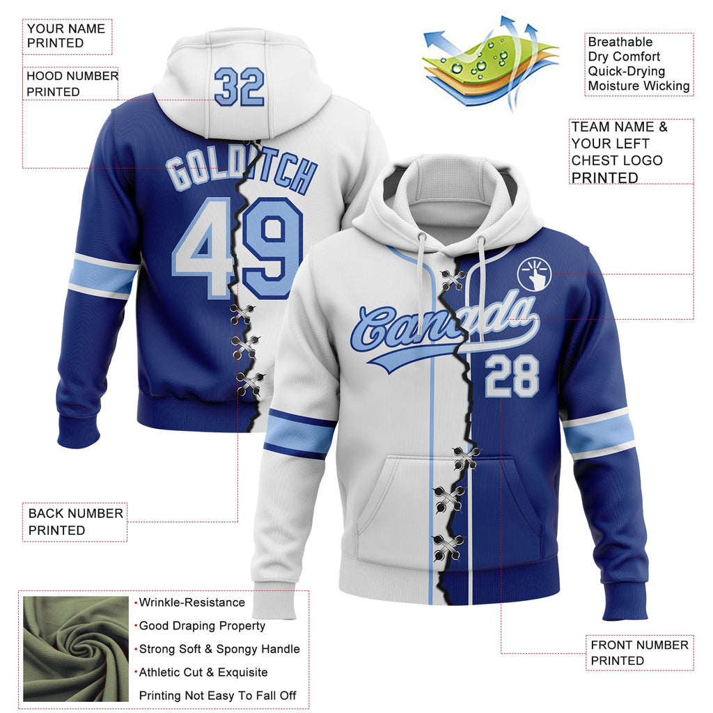 Custom Royal White-Light Blue Split Ripped Pattern Baseball Pullover Sweatshirt Hoodie