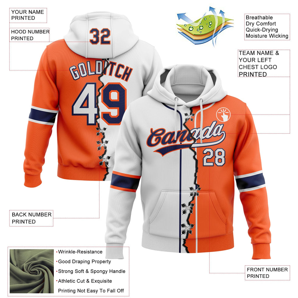 Custom Orange White-Navy Split Ripped Pattern Baseball Pullover Sweatshirt Hoodie