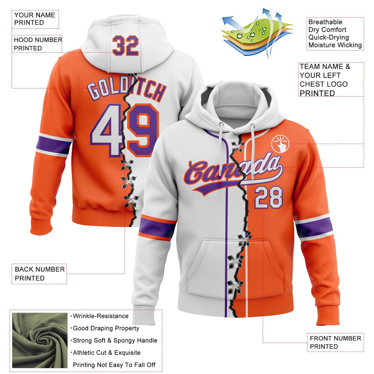 Custom Orange White-Purple Split Ripped Pattern Baseball Pullover Sweatshirt Hoodie