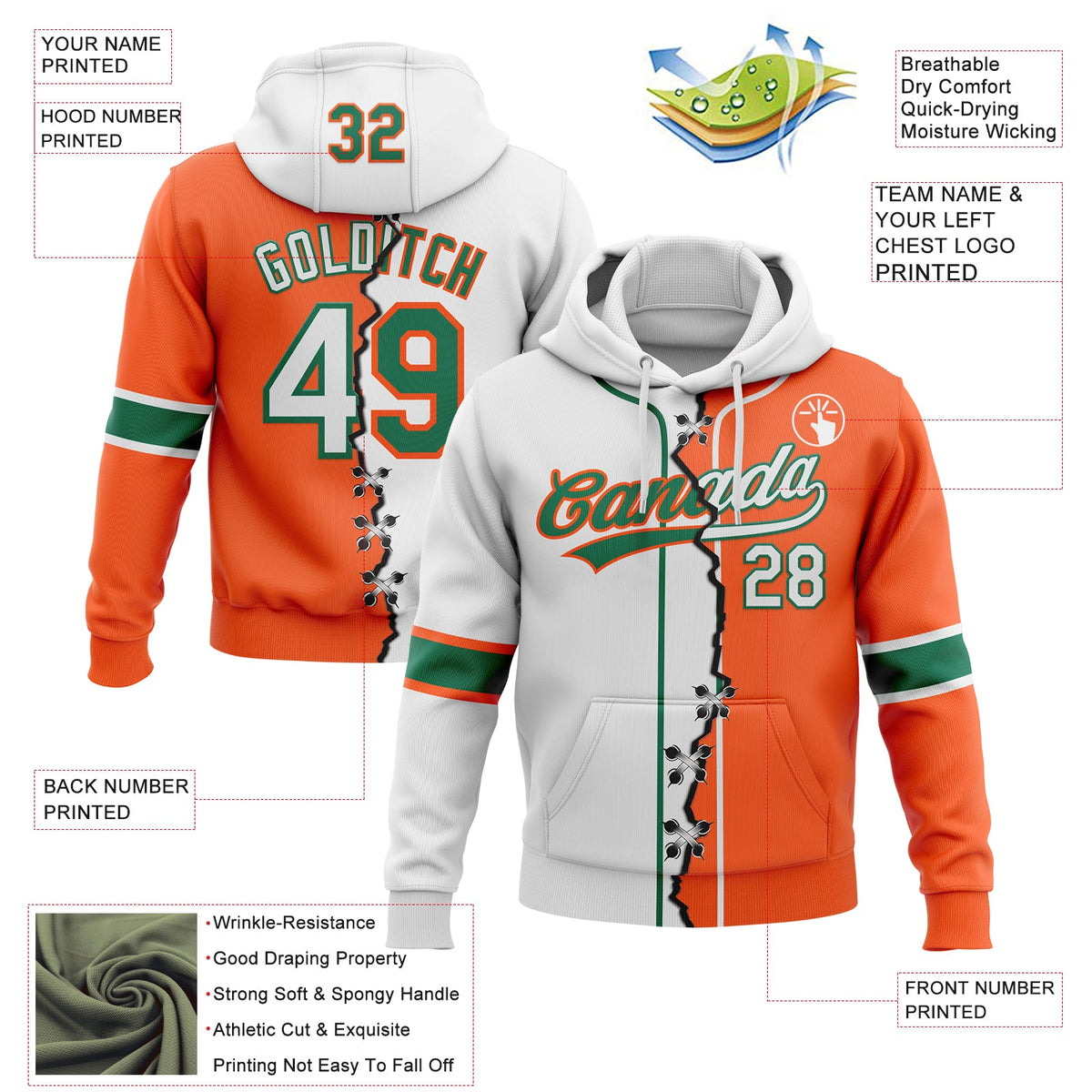 Custom Orange White-Kelly Green Split Ripped Pattern Baseball Pullover Sweatshirt Hoodie