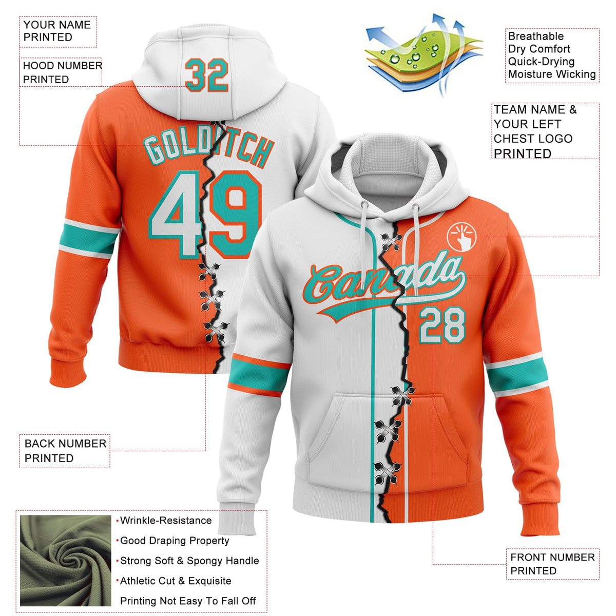 Custom Orange White-Aqua Split Ripped Pattern Baseball Pullover Sweatshirt Hoodie