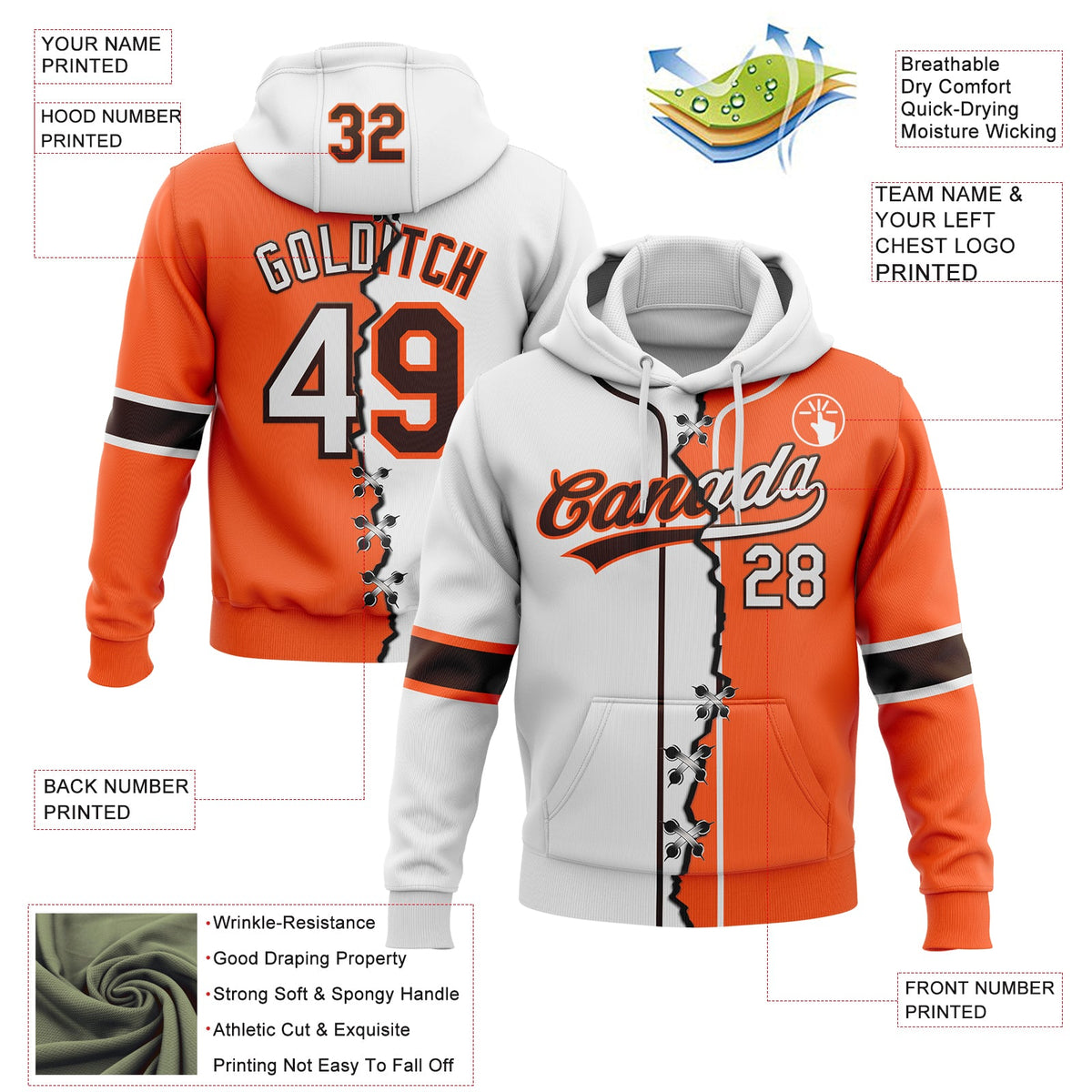 Custom Orange White-Brown Split Ripped Pattern Baseball Pullover Sweatshirt Hoodie