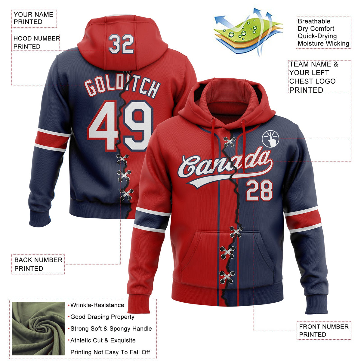 Custom Navy White-Red Split Ripped Pattern Baseball Pullover Sweatshirt Hoodie
