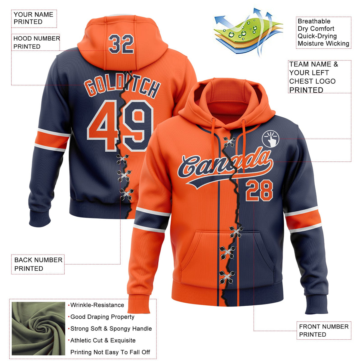 Custom Navy Orange-White Split Ripped Pattern Baseball Pullover Sweatshirt Hoodie