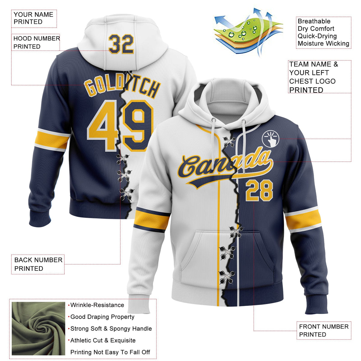Custom Navy Gold-White Split Ripped Pattern Baseball Pullover Sweatshirt Hoodie