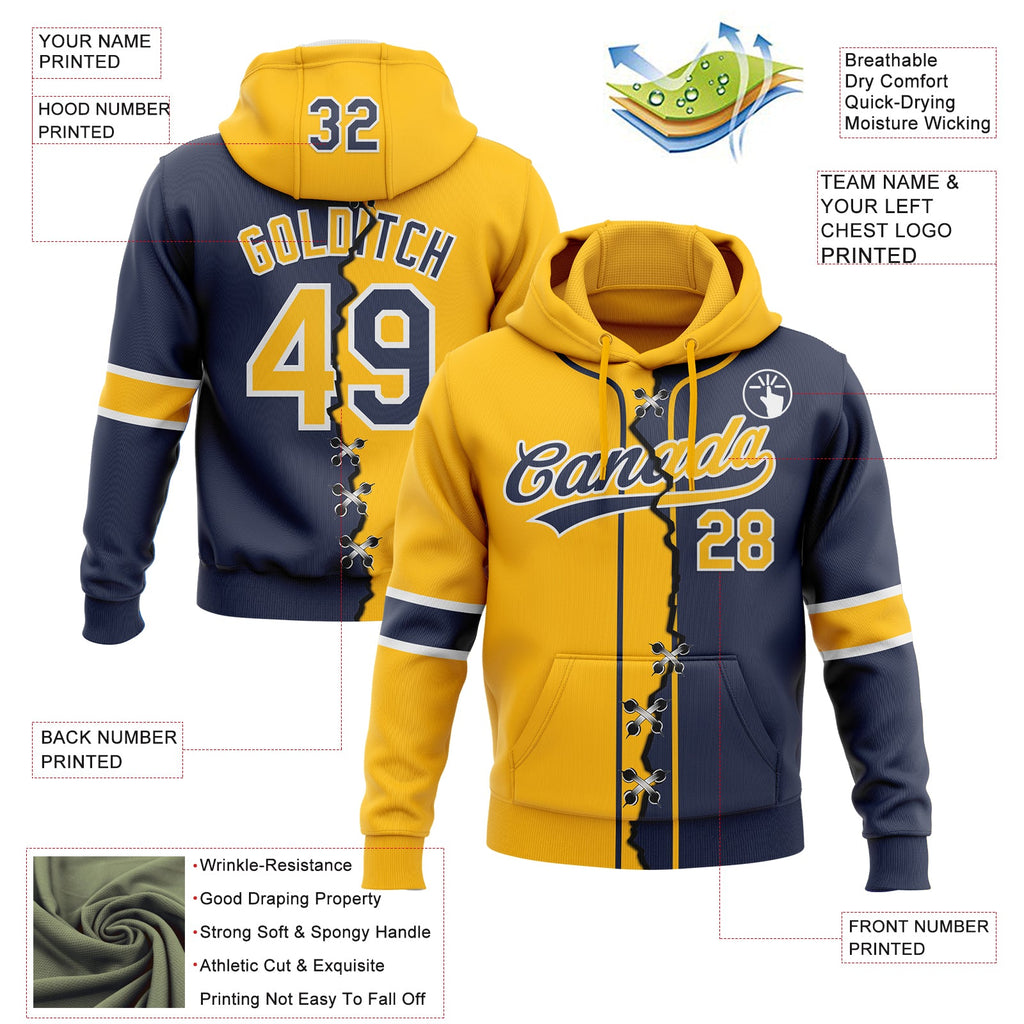 Custom Navy Gold-White Split Ripped Pattern Baseball Pullover Sweatshirt Hoodie