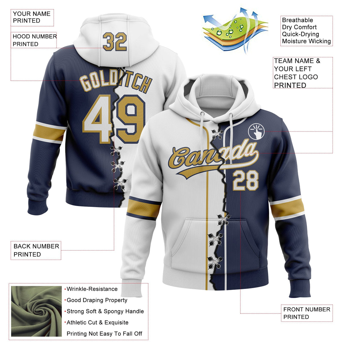 Custom Navy White-Old Gold Split Ripped Pattern Baseball Pullover Sweatshirt Hoodie