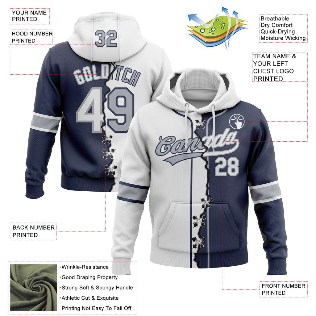 Custom Navy White-Gray Split Ripped Pattern Baseball Pullover Sweatshirt Hoodie
