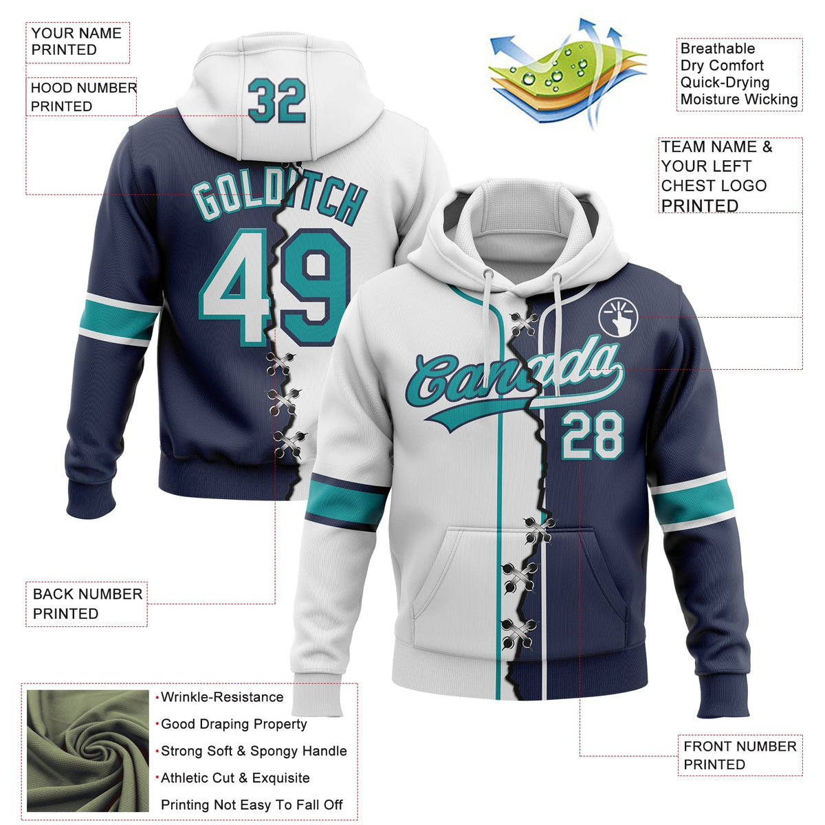 Custom Navy White-Teal Split Ripped Pattern Baseball Pullover Sweatshirt Hoodie