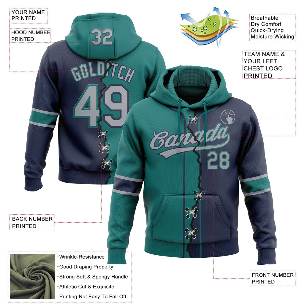 Custom Navy Gray-Teal Split Ripped Pattern Baseball Pullover Sweatshirt Hoodie