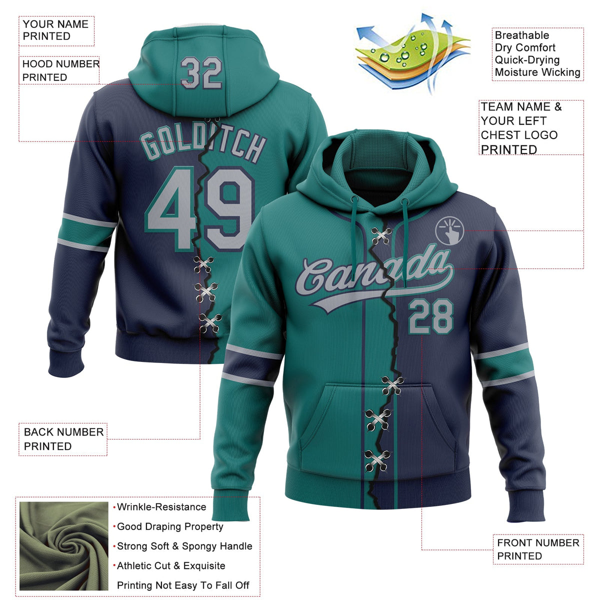 Custom Navy Gray-Teal Split Ripped Pattern Baseball Pullover Sweatshirt Hoodie