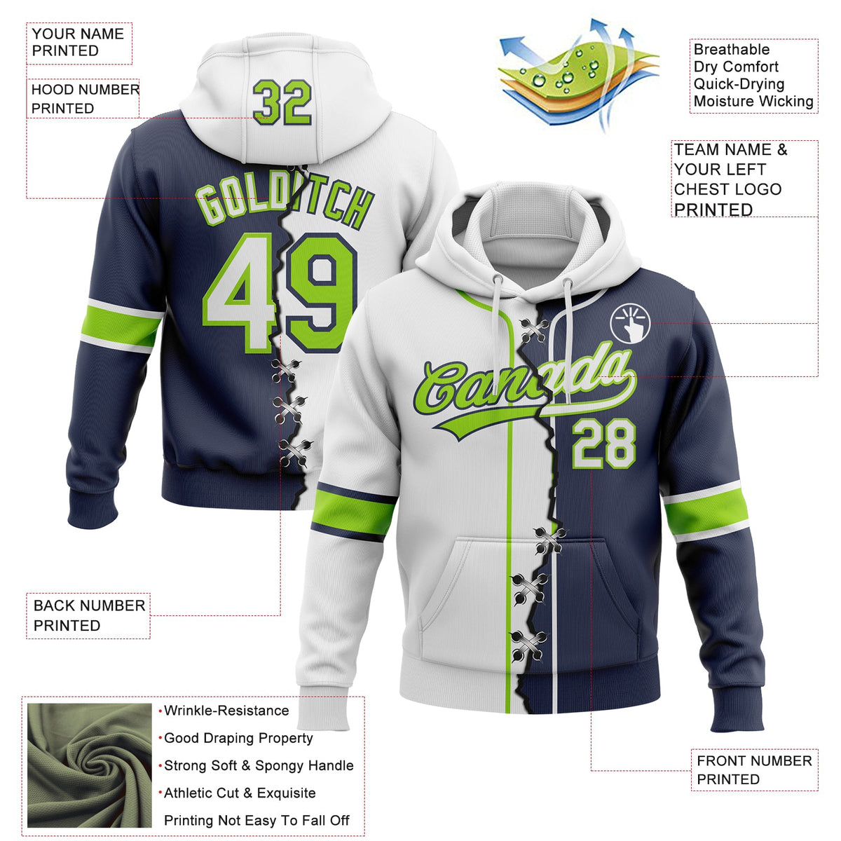 Custom Navy White-Neon Green Split Ripped Pattern Baseball Pullover Sweatshirt Hoodie