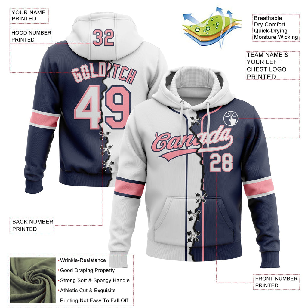 Custom Navy White-Medium Pink Split Ripped Pattern Baseball Pullover Sweatshirt Hoodie