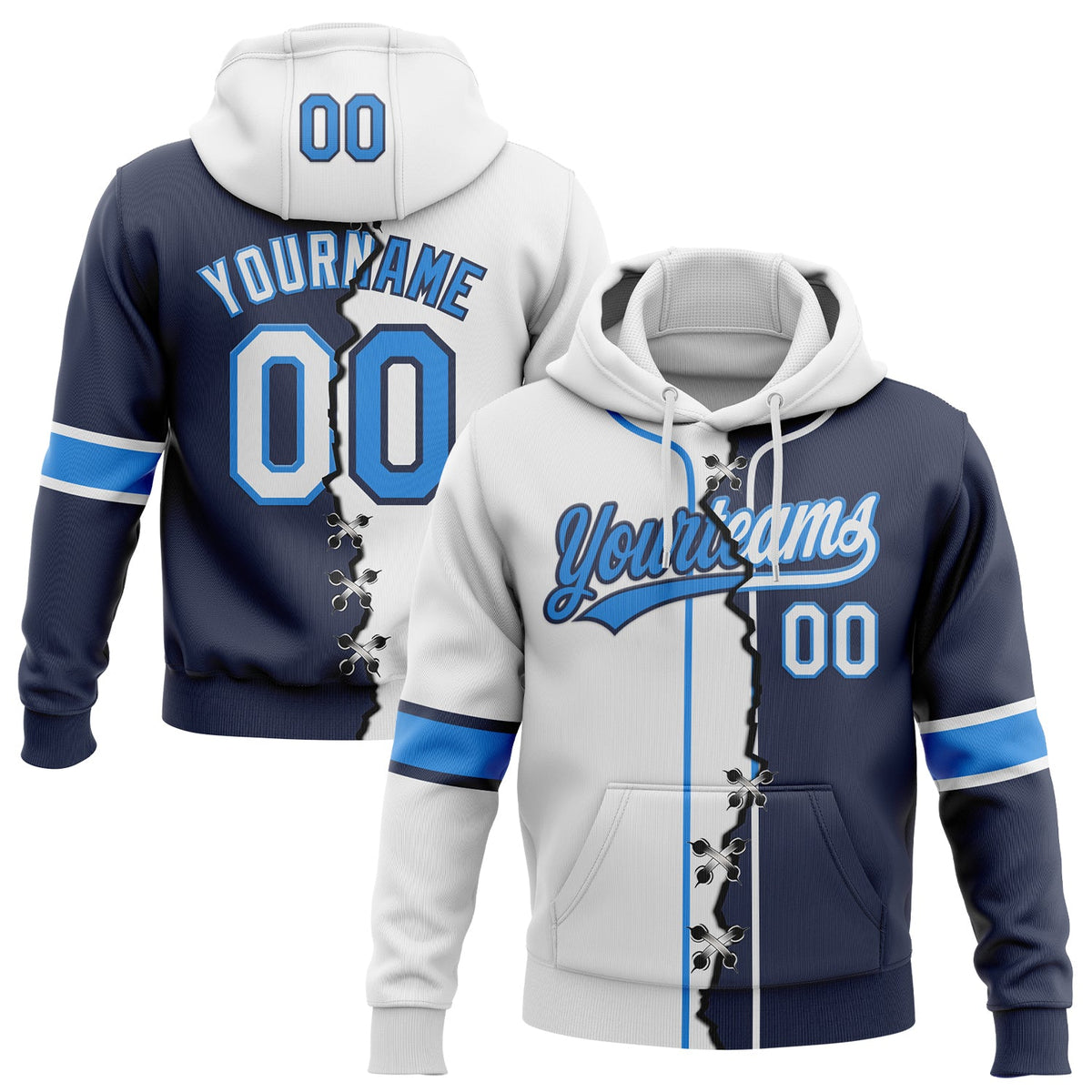 Custom Navy White-Powder Blue Split Ripped Pattern Baseball Pullover Sweatshirt Hoodie