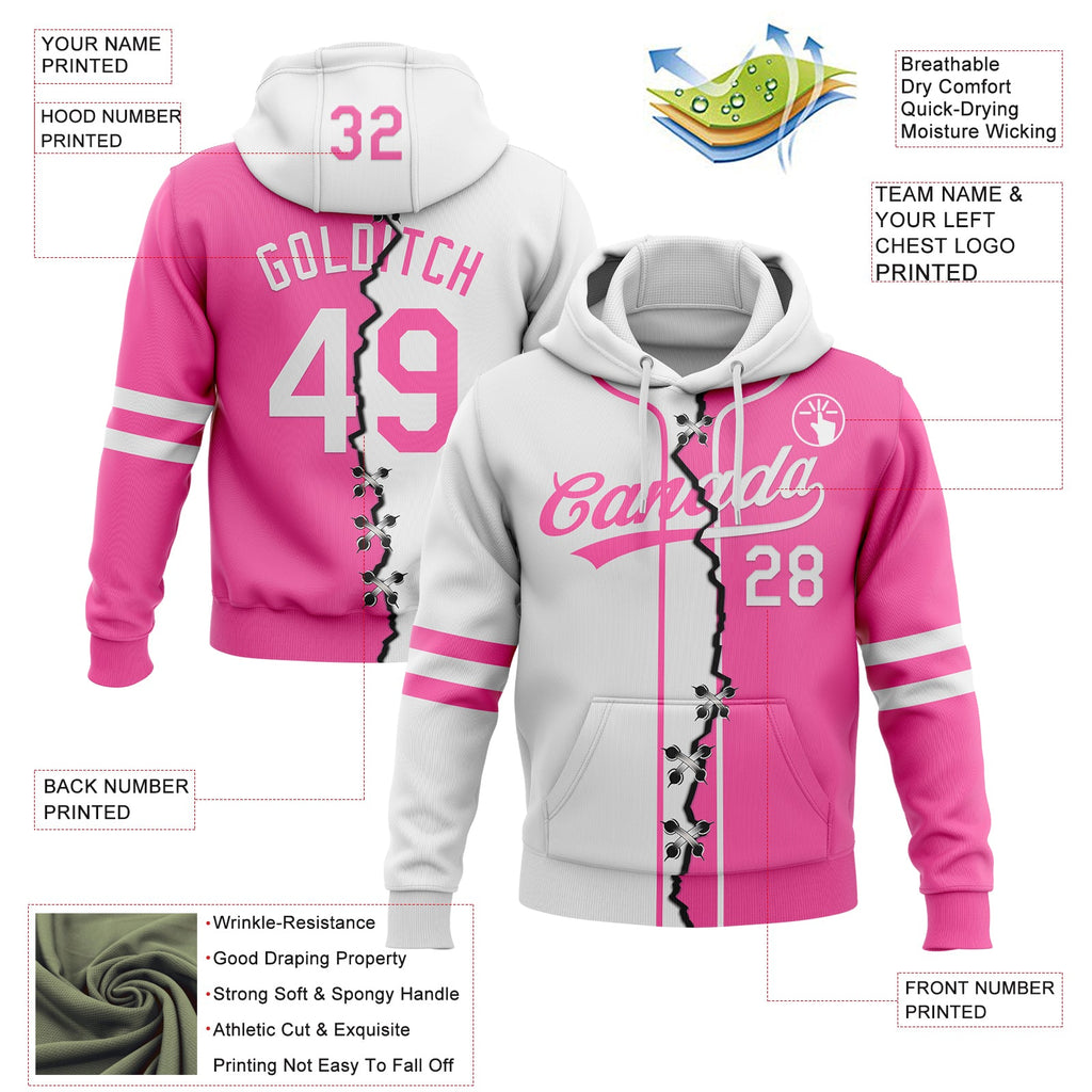 Custom Pink-White Split Ripped Pattern Baseball Pullover Sweatshirt Hoodie