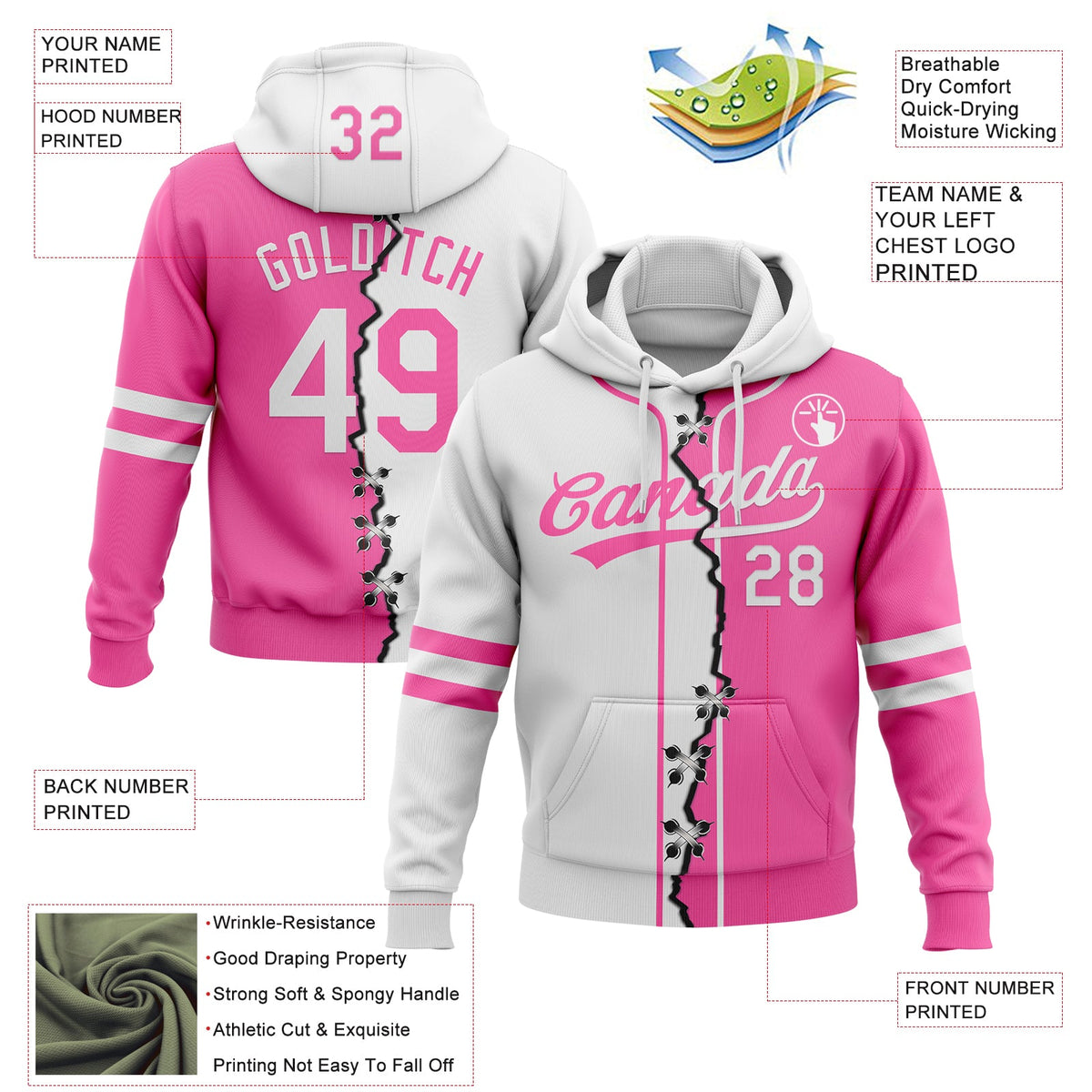 Custom Pink-White Split Ripped Pattern Baseball Pullover Sweatshirt Hoodie