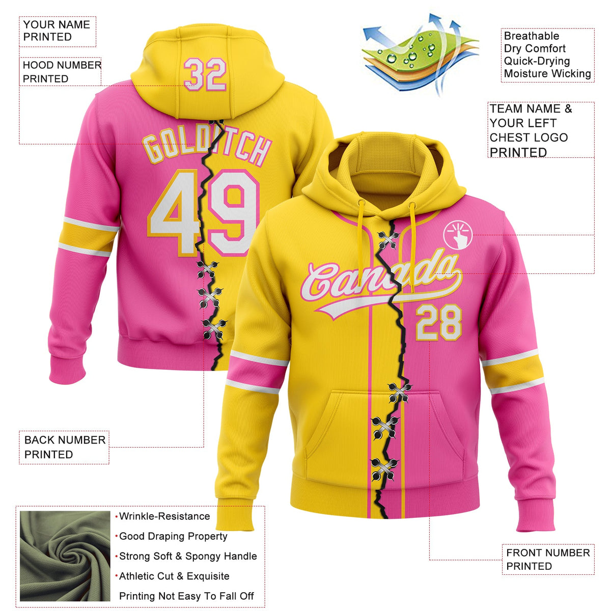 Custom Pink White-Yellow Split Ripped Pattern Baseball Pullover Sweatshirt Hoodie