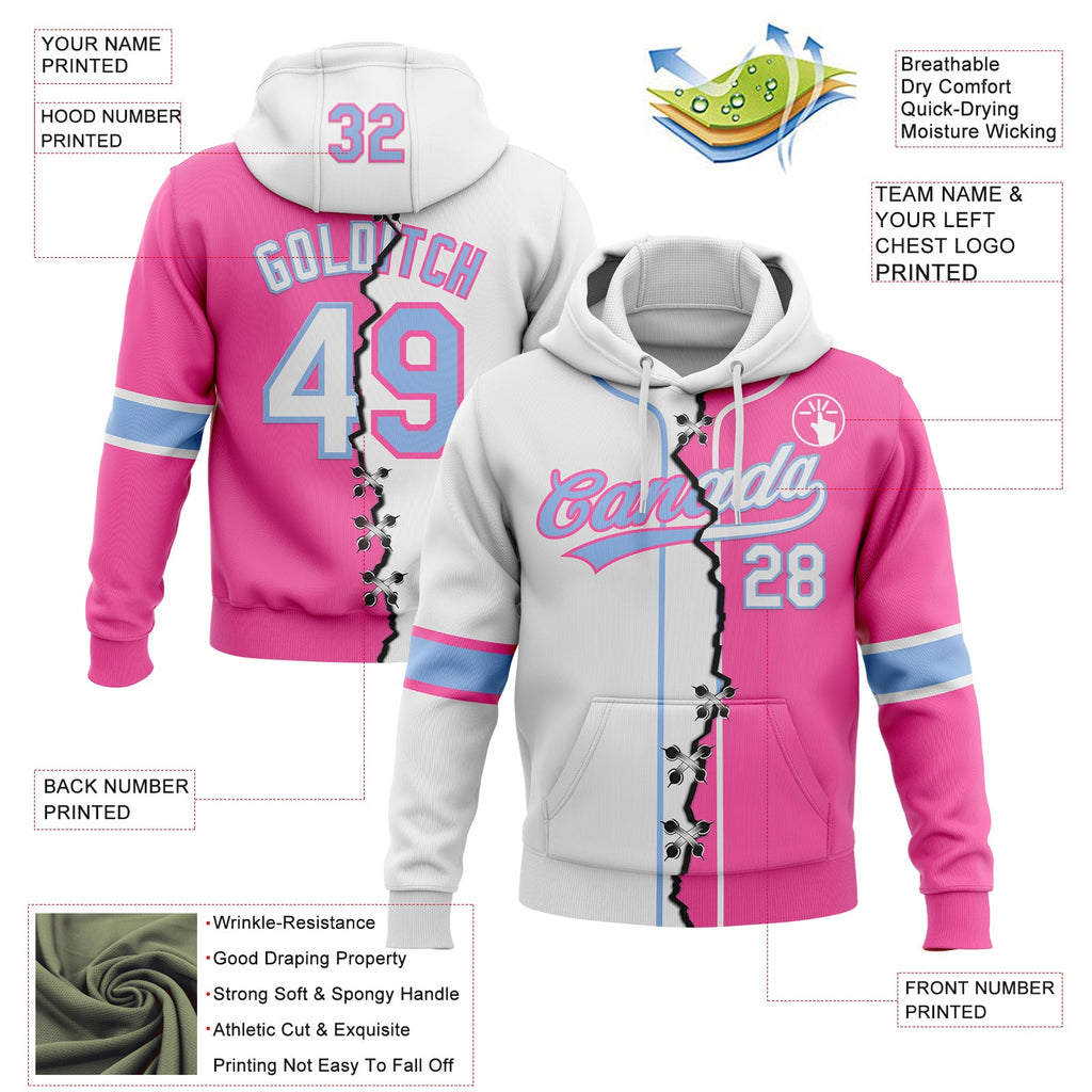 Custom Pink White-Light Blue Split Ripped Pattern Baseball Pullover Sweatshirt Hoodie