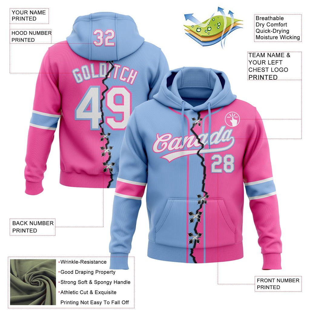 Custom Pink White-Light Blue Split Ripped Pattern Baseball Pullover Sweatshirt Hoodie