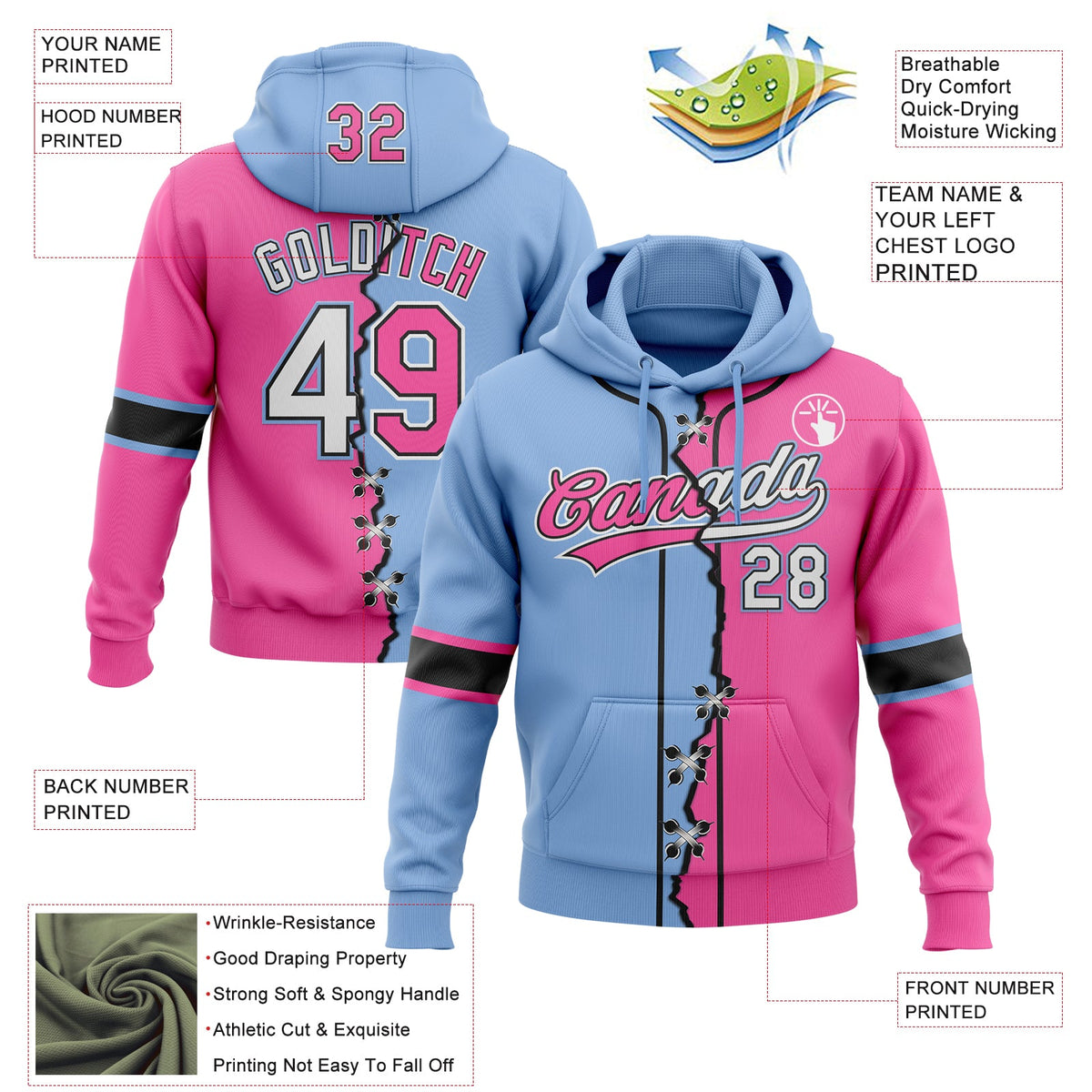 Custom Pink White Light Blue-Black Split Ripped Pattern Baseball Pullover Sweatshirt Hoodie