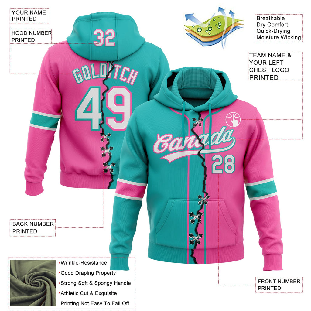 Custom Pink White-Aqua Split Ripped Pattern Baseball Pullover Sweatshirt Hoodie