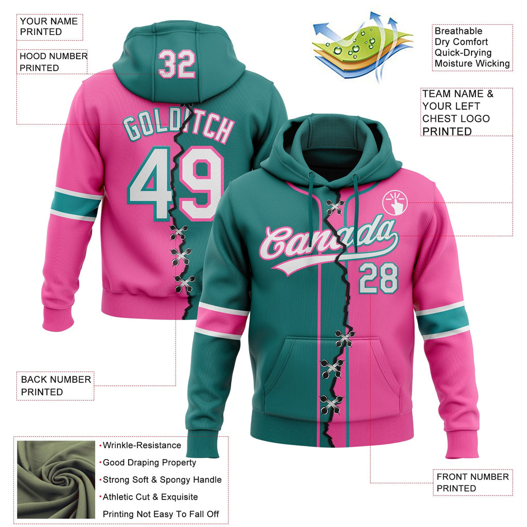 Custom Pink White-Teal Split Ripped Pattern Baseball Pullover Sweatshirt Hoodie