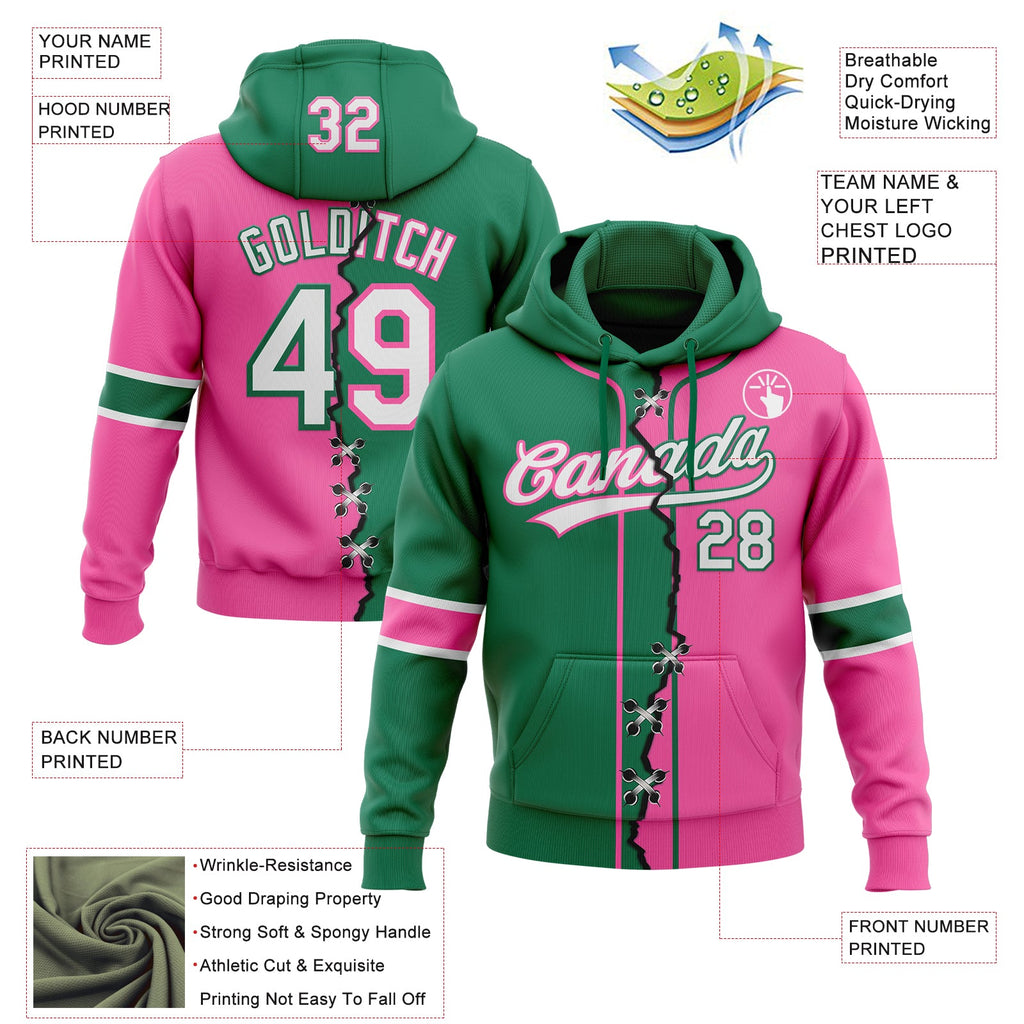 Custom Pink White-Kelly Green Split Ripped Pattern Baseball Pullover Sweatshirt Hoodie