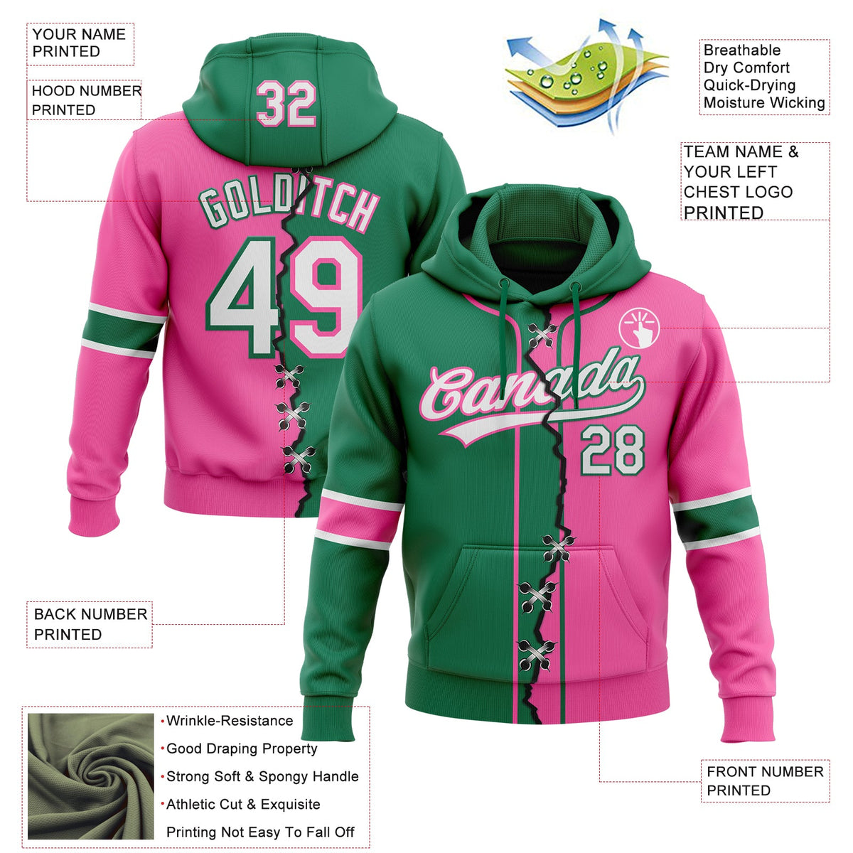 Custom Pink White-Kelly Green Split Ripped Pattern Baseball Pullover Sweatshirt Hoodie