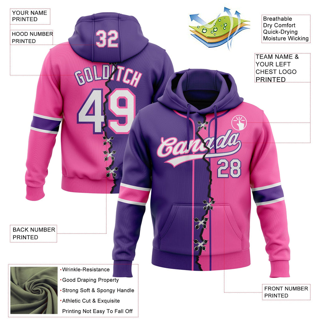 Custom Pink White-Purple Split Ripped Pattern Baseball Pullover Sweatshirt Hoodie