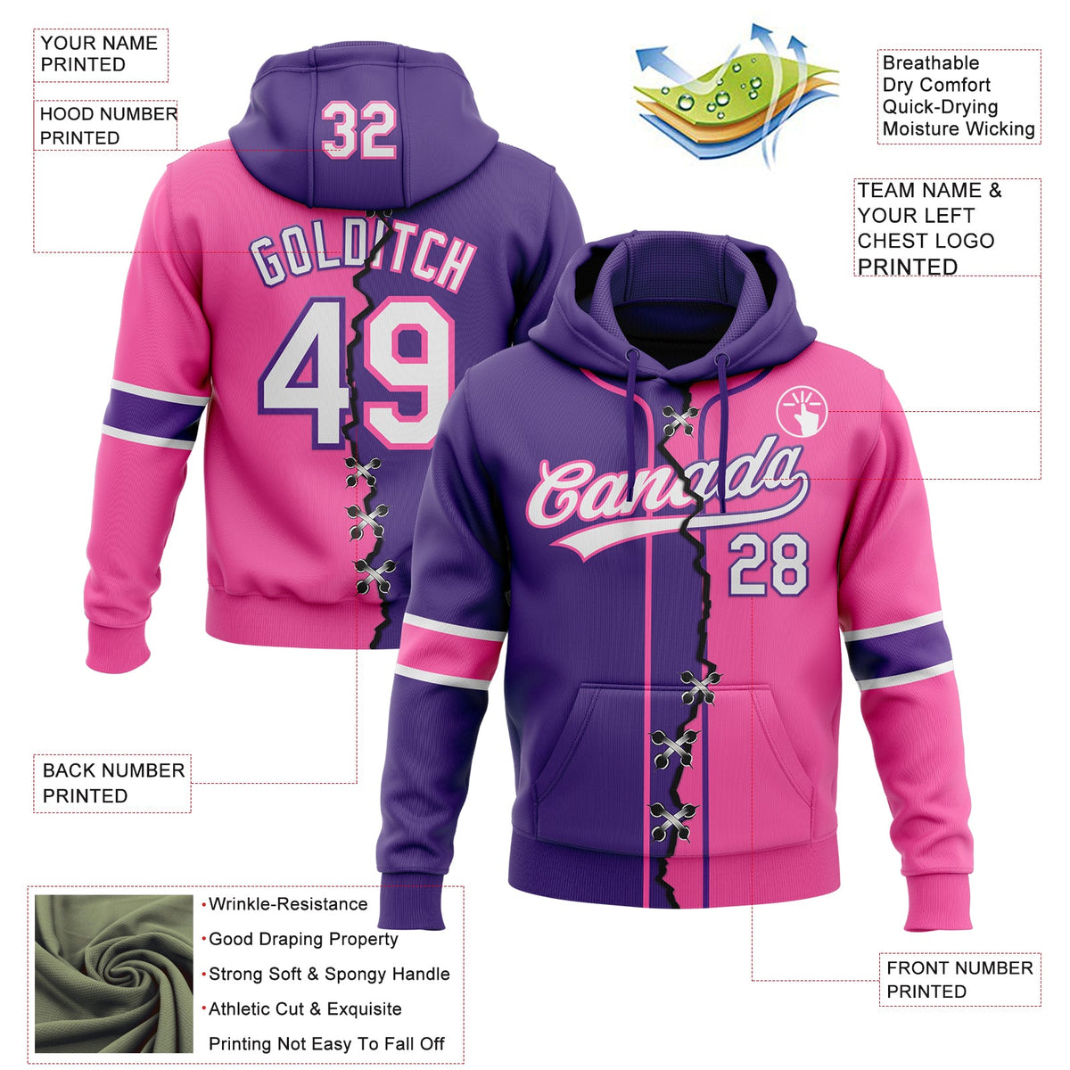 Custom Pink White-Purple Split Ripped Pattern Baseball Pullover Sweatshirt Hoodie