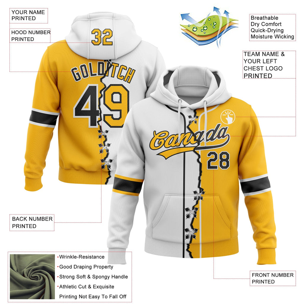 Custom Gold Black-White Split Ripped Pattern Baseball Pullover Sweatshirt Hoodie