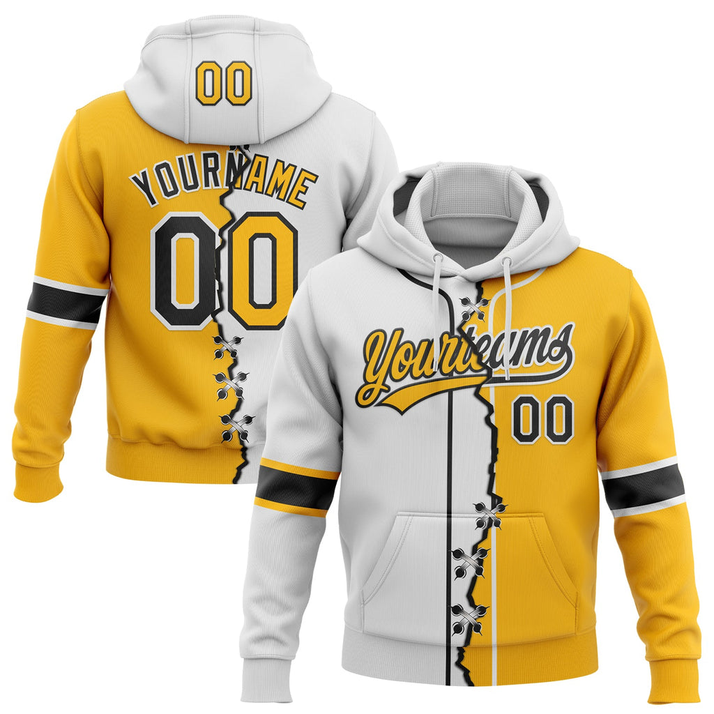 Custom Gold Black-White Split Ripped Pattern Baseball Pullover Sweatshirt Hoodie