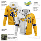 Custom Gold Navy-White Split Ripped Pattern Baseball Pullover Sweatshirt Hoodie