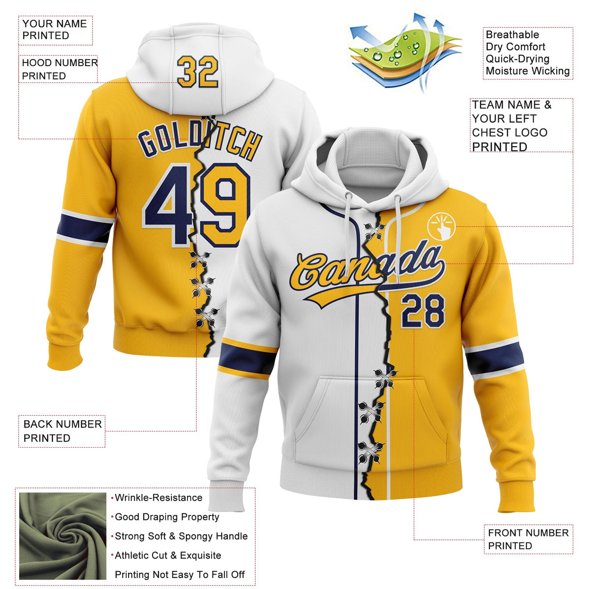 Custom Gold Navy-White Split Ripped Pattern Baseball Pullover Sweatshirt Hoodie