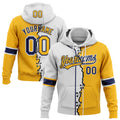 Custom Gold Navy-White Split Ripped Pattern Baseball Pullover Sweatshirt Hoodie