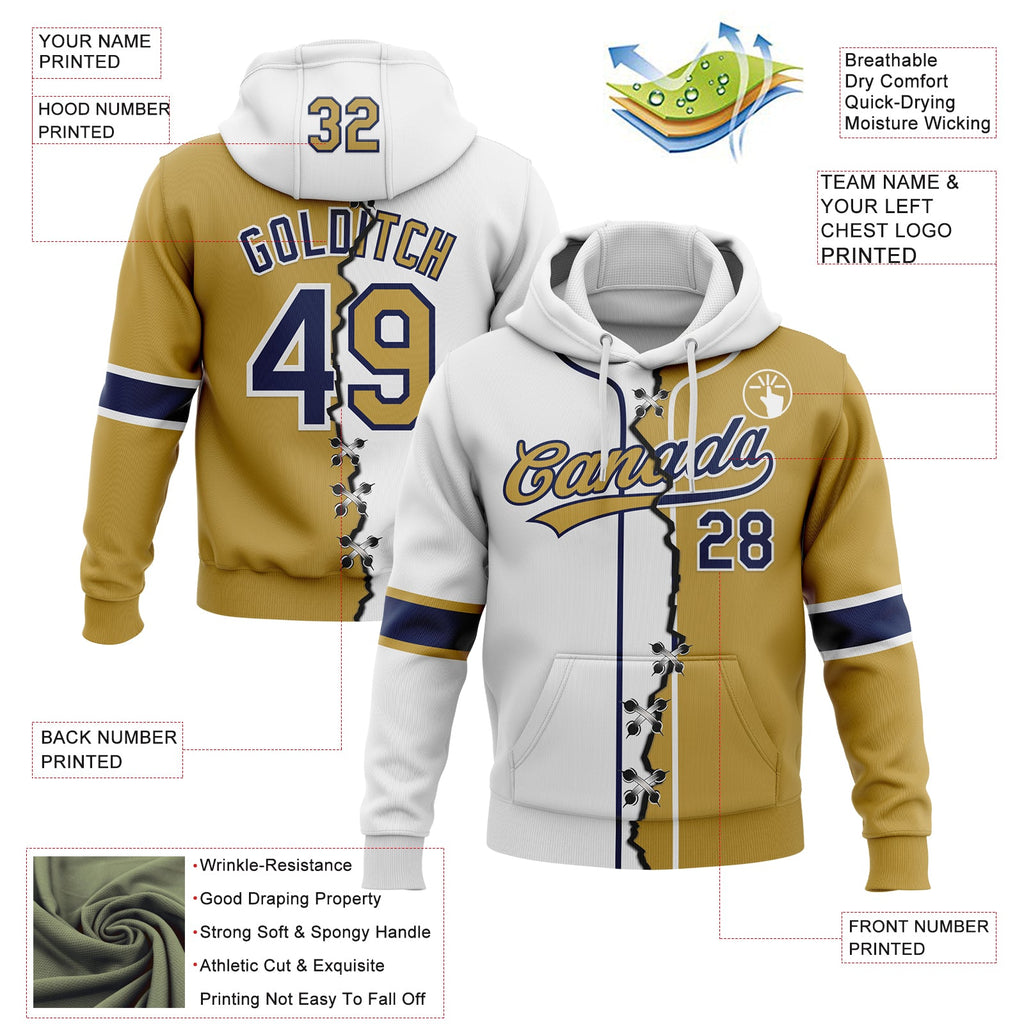Custom Old Gold Navy-White Split Ripped Pattern Baseball Pullover Sweatshirt Hoodie